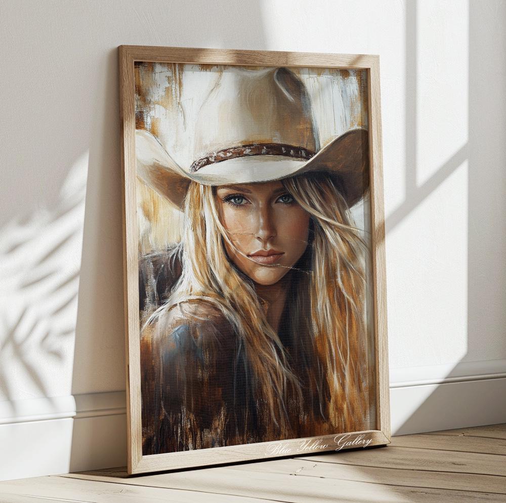 Western cowgirl portrait art – modern abstract print with soft tones for stylish home spaces.