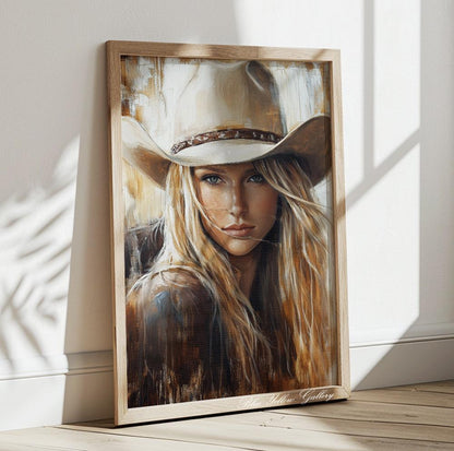 Western cowgirl portrait art – modern abstract print with soft tones for stylish home spaces.