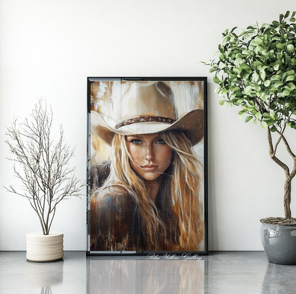 Neutral cowgirl art print – abstract Western female figure for boho, ranch, or farmhouse wall decor.