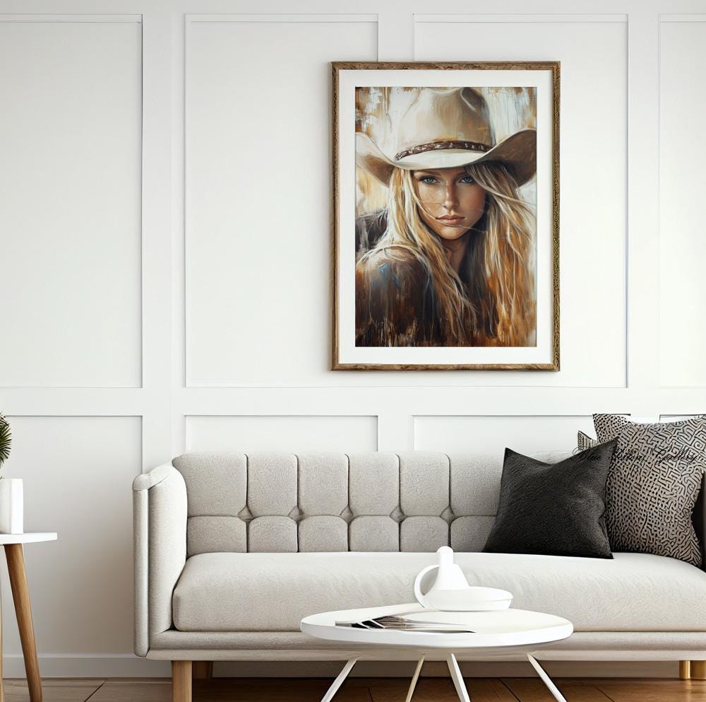 Wild West woman art print – neutral abstract cowgirl portrait for artistic home styling.