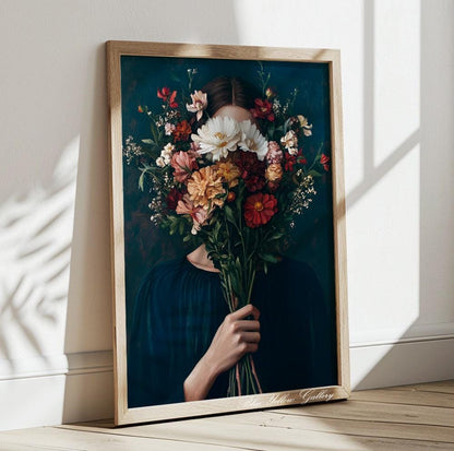 Minimalist floral woman print – abstract navy blue portrait for living room or bedroom walls