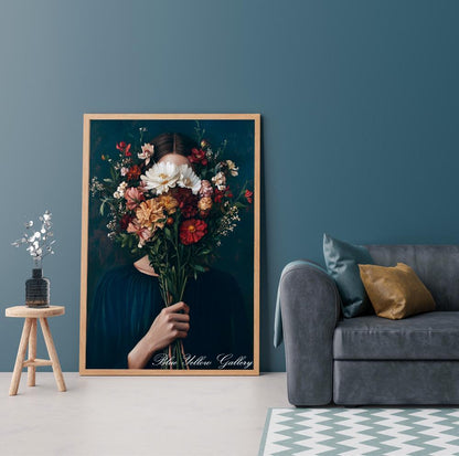Vintage abstract woman portrait with flowers in navy blue – boho wall art for modern interiors