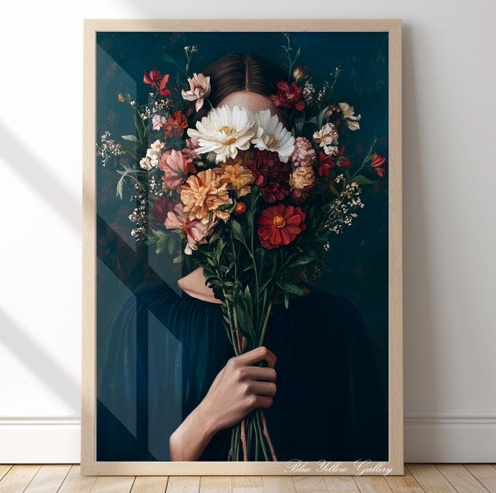 Abstract Woman with Flowers Print, Navy blue Vintage Female Portrait Painting, People Figurative Art, Abstract Floral Eclectic Print