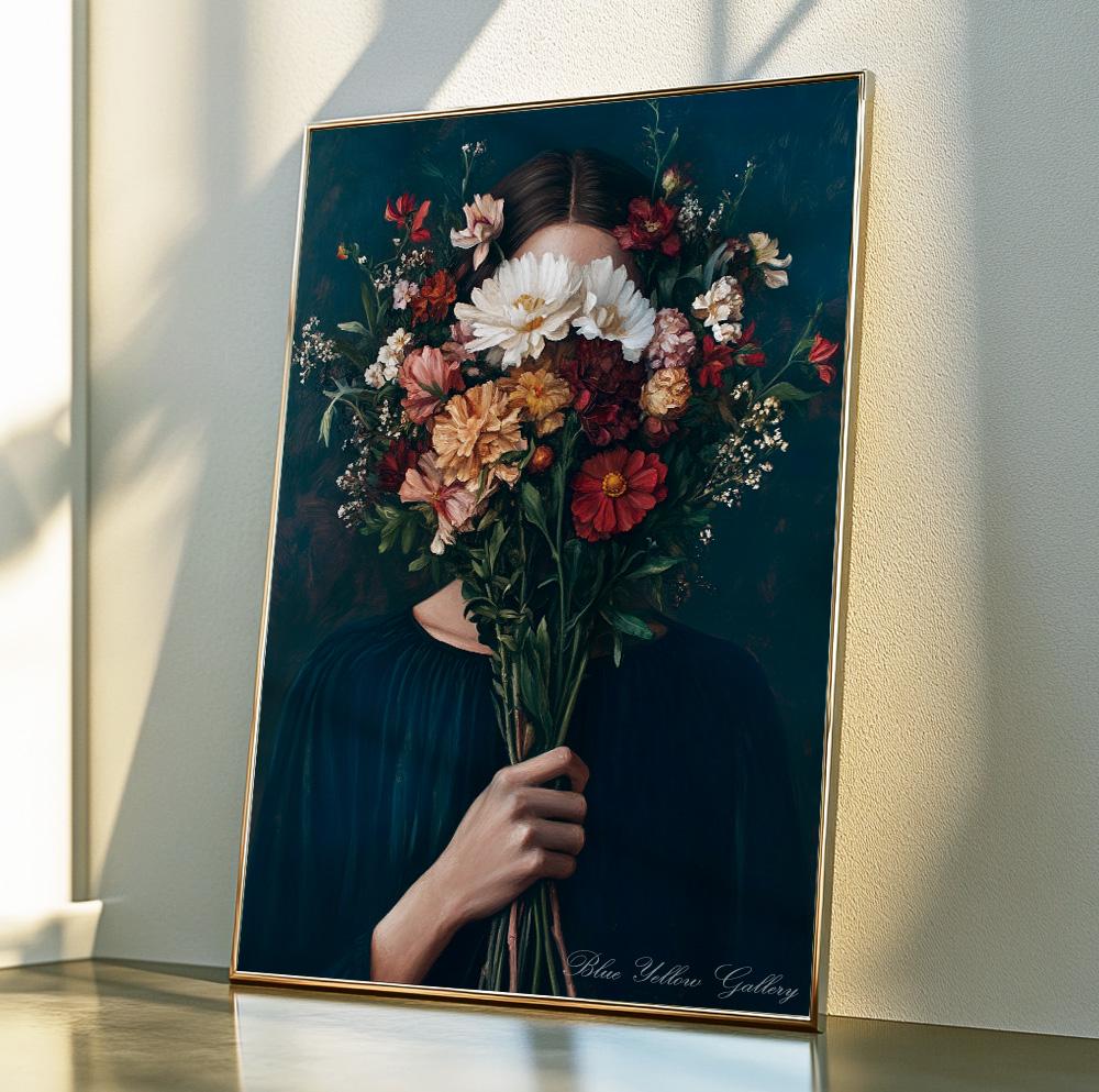 Navy blue abstract art print – vintage-style woman with flowers for boho and eclectic homes