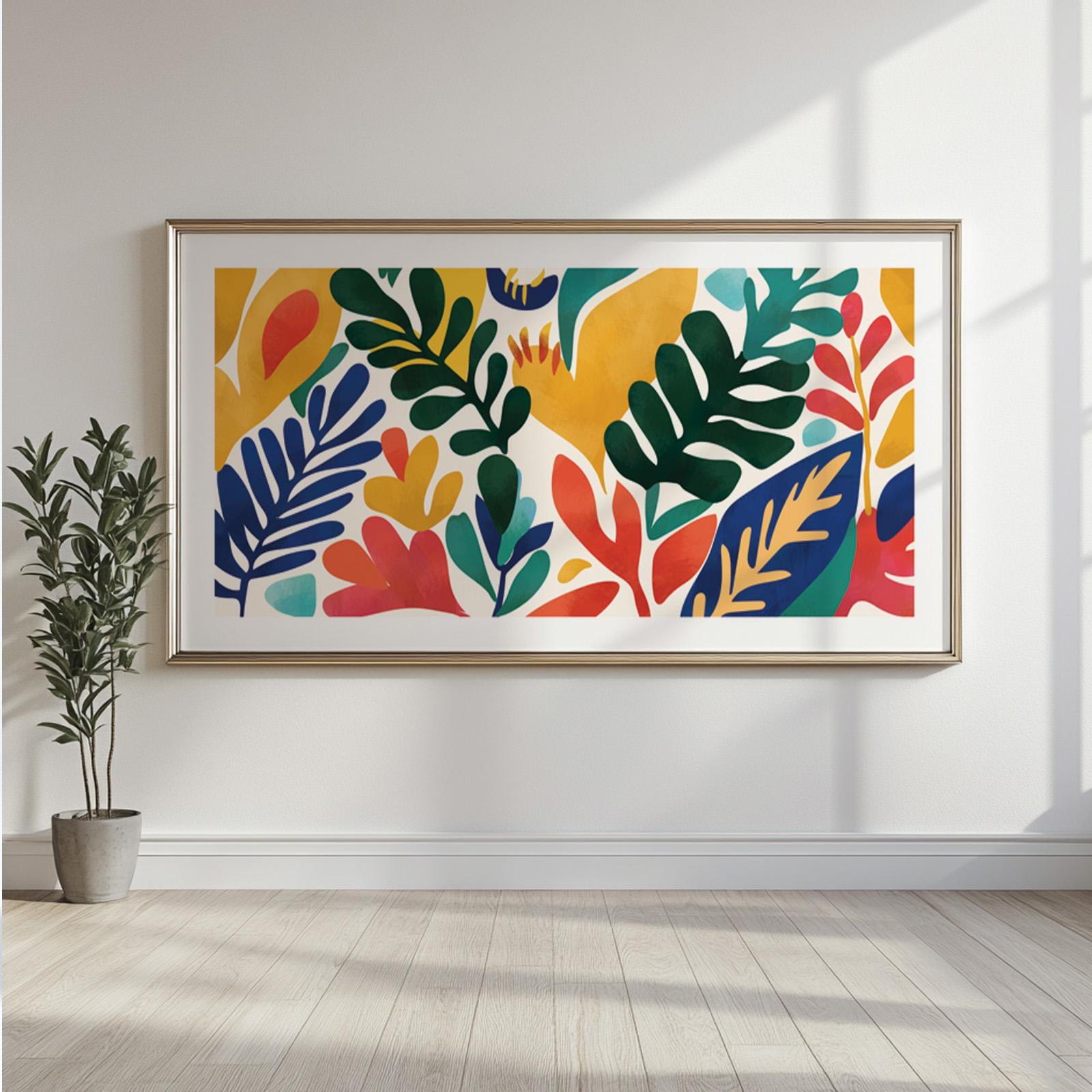 Colorful abstract leaf artwork framed above a bare floor space with light and shadows
