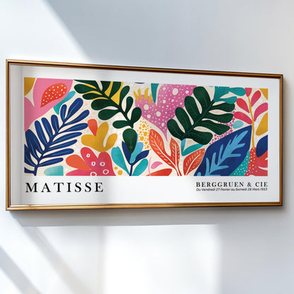 Colorful Matisse leaf print in landscape format shown framed above a sizing shadow.