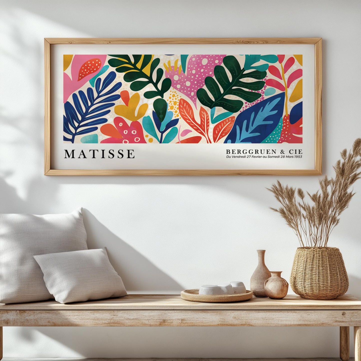 Rectangular Matisse art print in natural wood frame displayed above a wooden bench for scale
