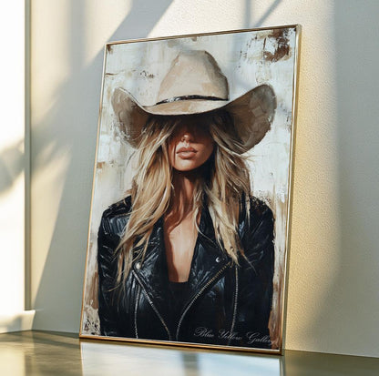 Coastal cowgirl art print – bold abstract portrait for Western farmhouse or desert decor.