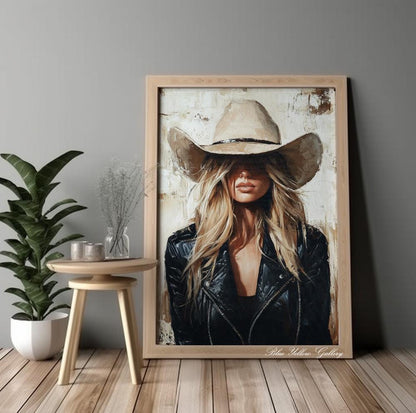 Western female wall art – abstract cowgirl figure in neutral tones for modern rustic homes.