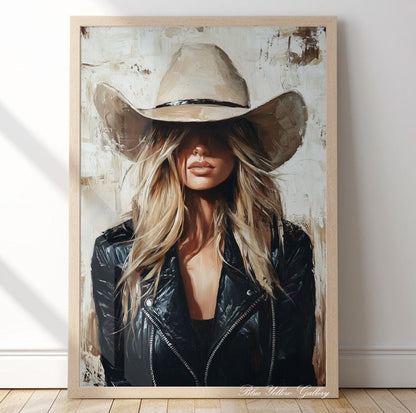 Modern abstract cowgirl wall art print – Western female figure for boho, rustic or coastal cowgirl decor.