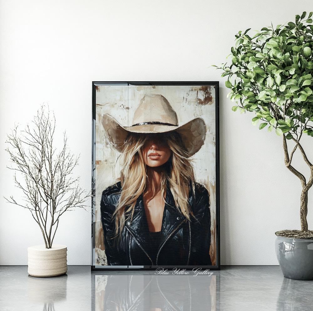 Minimalist cowgirl wall art – modern Western female portrait for rustic or eclectic spaces.