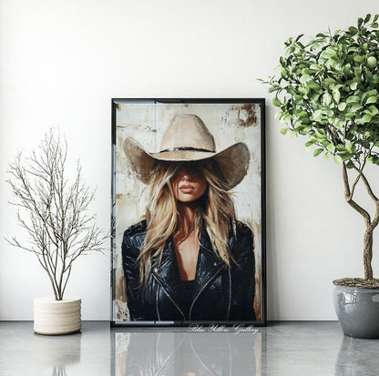 Minimalist cowgirl wall art – modern Western female portrait for rustic or eclectic spaces.