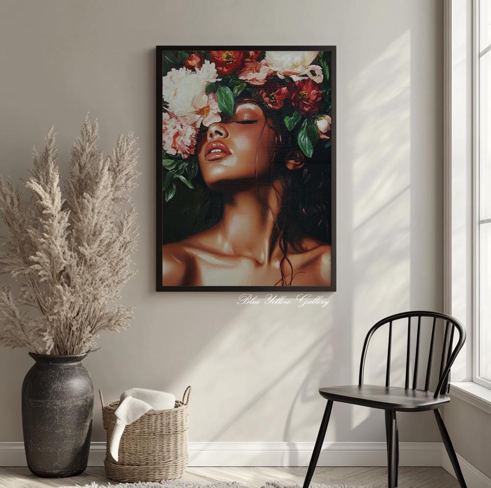 Emerald green figurative art print, modern female portrait with floral elements, perfect for gallery wall.