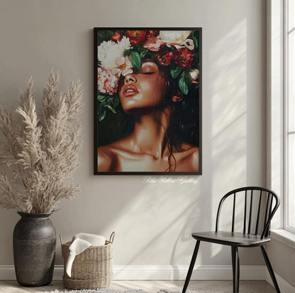 Emerald green figurative art print, modern female portrait with floral elements, perfect for gallery wall.