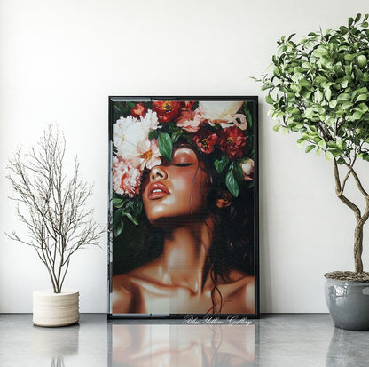 Abstract woman with flowers print, emerald green art, feminine figurative portrait for living room or bedroom.