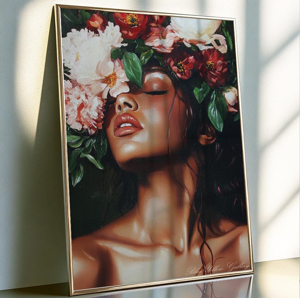 Woman with flowers wall art, abstract emerald green print, eclectic boho decor for stylish interiors.