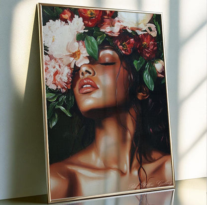 Woman with flowers wall art, abstract emerald green print, eclectic boho decor for stylish interiors.