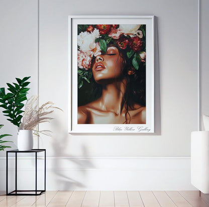 Modern floral woman portrait print, emerald green tones, decorative feminine art for office or hallway.