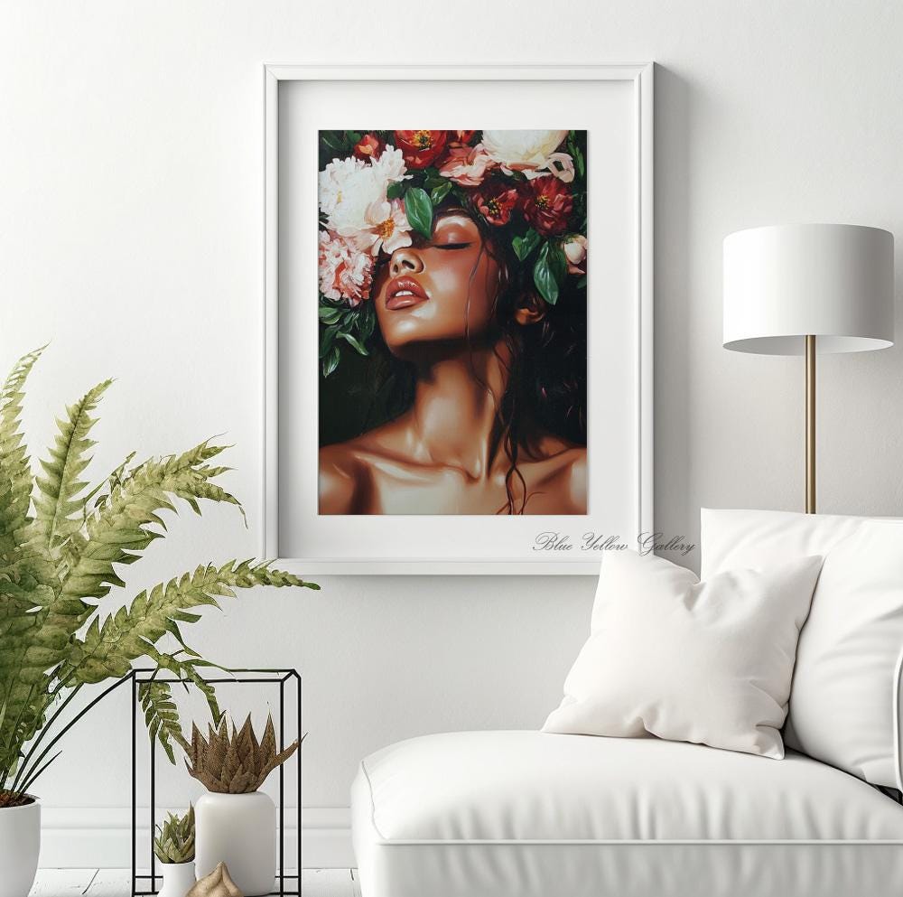 Floral abstract female art print in emerald green, boho eclectic wall decor for modern home styling.