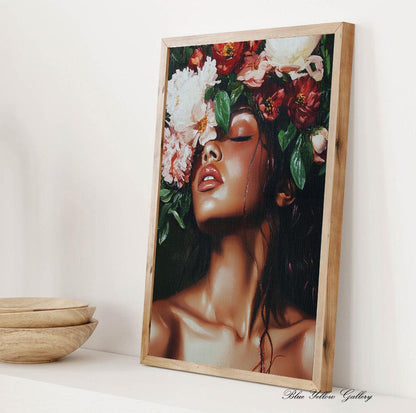 Floral figurative woman print in emerald green, bold abstract wall art for living room, studio, or loft.