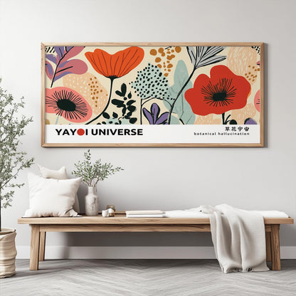 Abstract botanical artwork with bold flowers and organic shapes in a wood frame above a bench