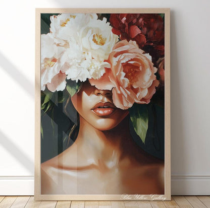 Abstract Black woman wall art print – modern Afrocentric decor with floral and figurative elements.