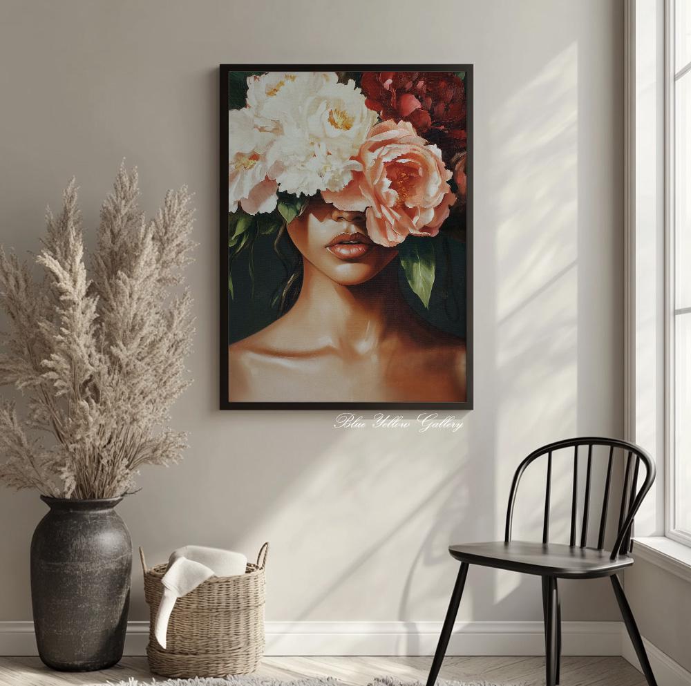 Contemporary abstract Black female print – African American wall art with bold floral elements.
