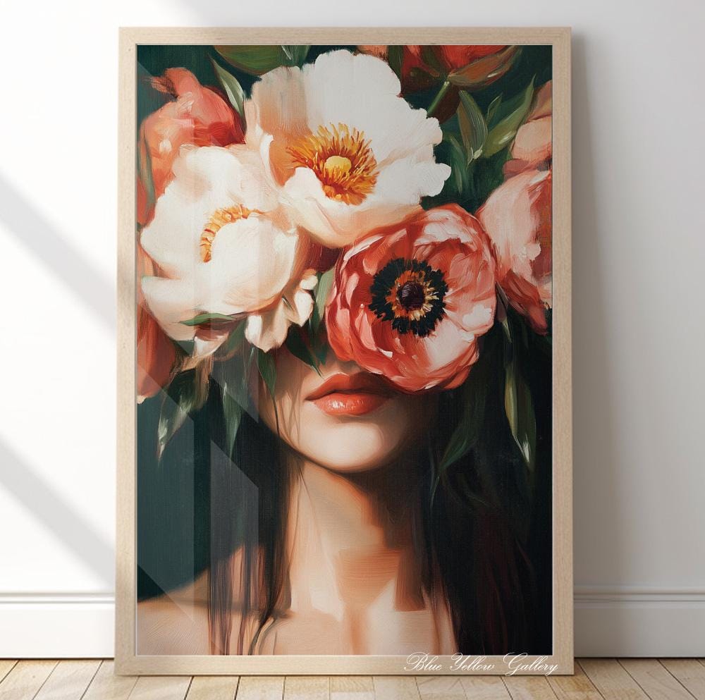 Emerald green abstract portrait of a woman with flowers – eclectic and modern wall art print.