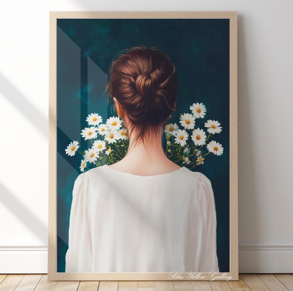 Vintage woman with daisy bouquet – navy blue abstract female portrait print for floral eclectic decor.