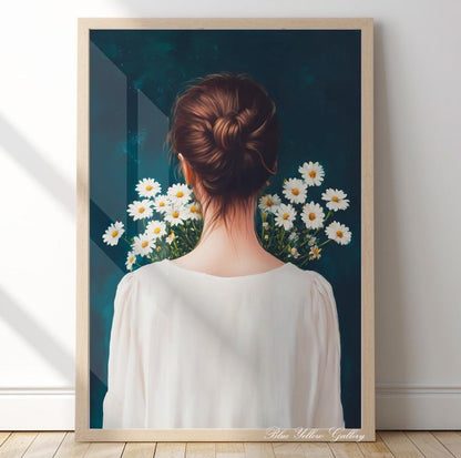 Vintage woman with daisy bouquet – navy blue abstract female portrait print for floral eclectic decor.