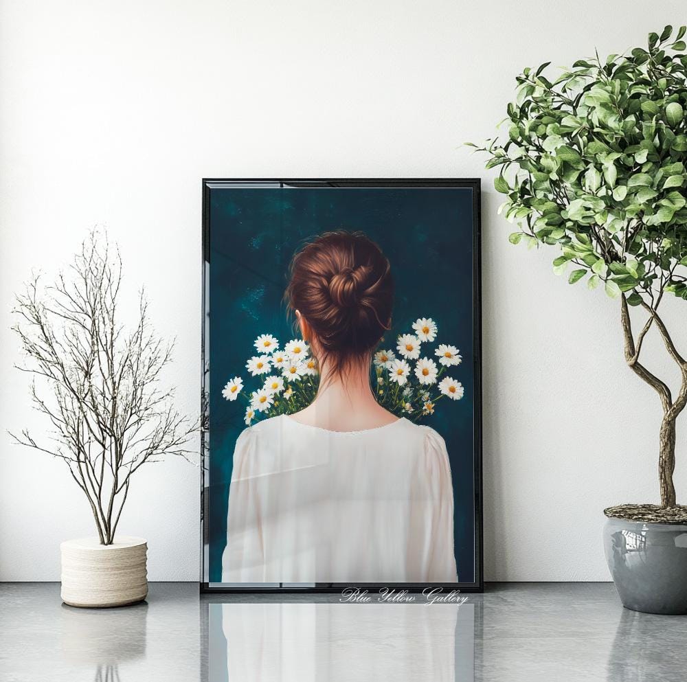 Blue-toned figurative art print – vintage woman and flower bouquet for feminine and creative decor.