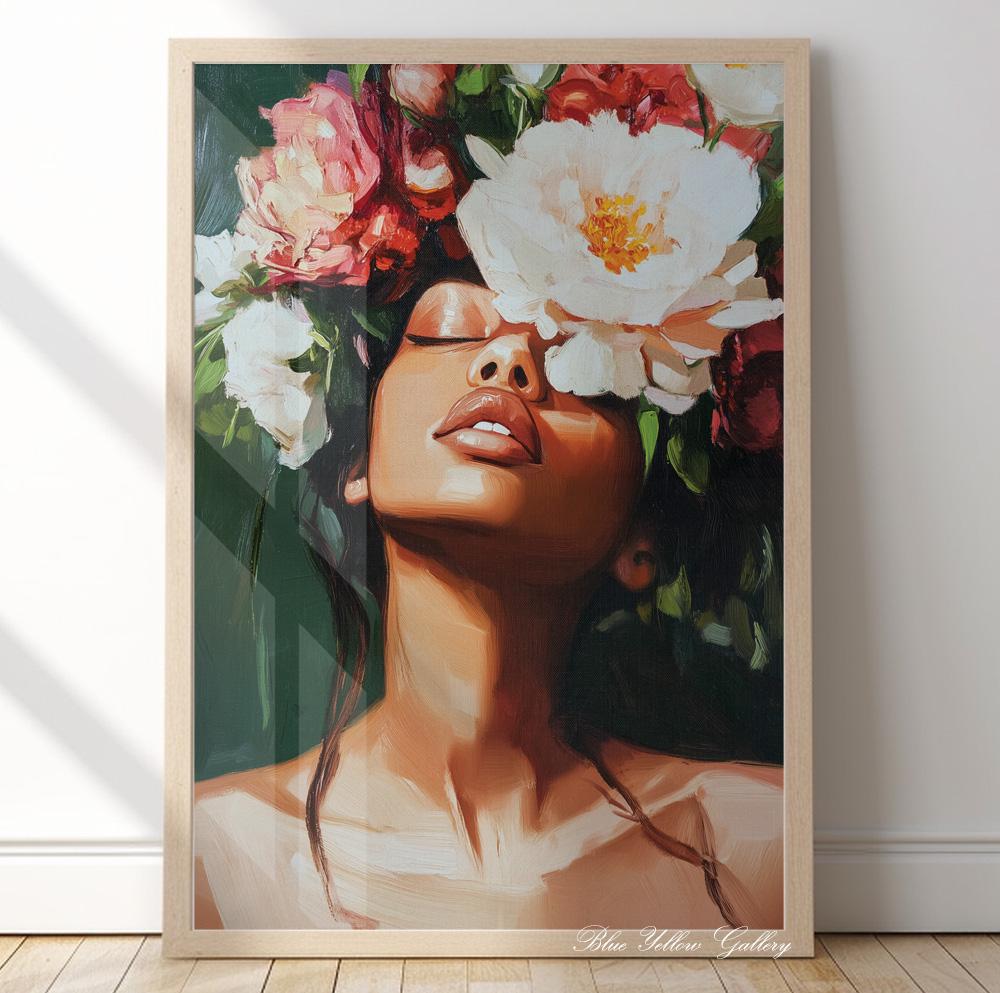 Abstract Black woman wall art print – modern Afrocentric decor with floral and figurative elements.