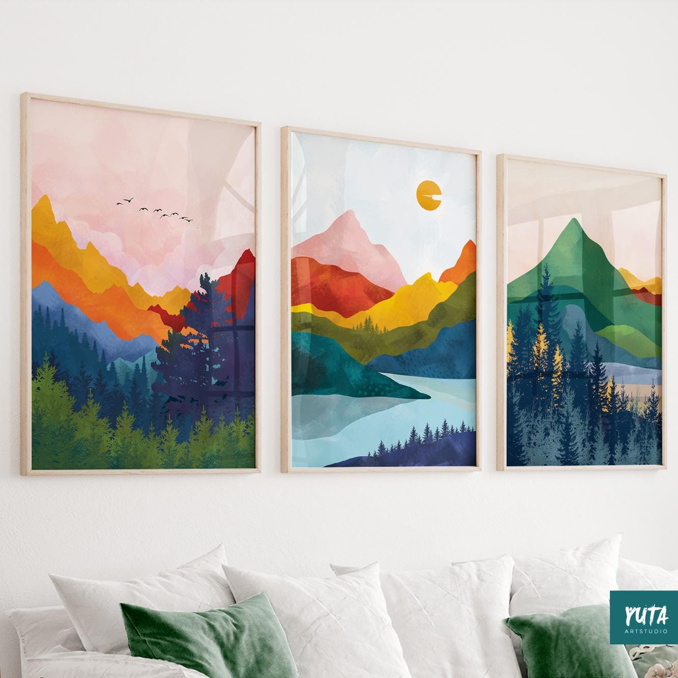Set of 3 abstract mountain prints – colorful Nordic landscape wall art for modern Scandinavian interiors.