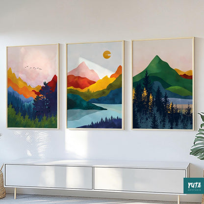 Modern mountain wall art set – abstract nature posters in Nordic color palette, perfect for gallery walls.