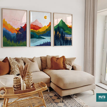 Mountain print set of 3 – Scandinavian wall decor with modern landscape and abstract color shapes.