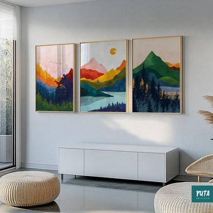 Set of Nordic-style mountain prints – abstract colorful nature wall art for modern home decor.
