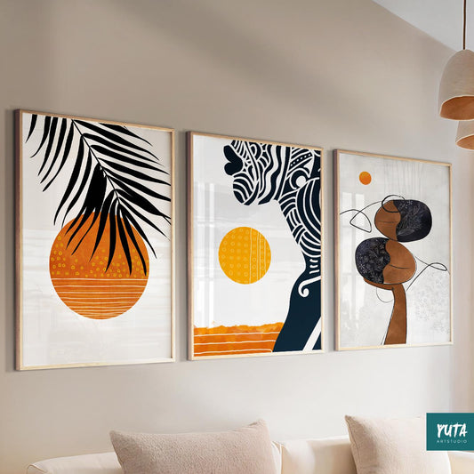 Modern Black woman wall art – colorful abstract African portrait set for boho or ethnic interiors.