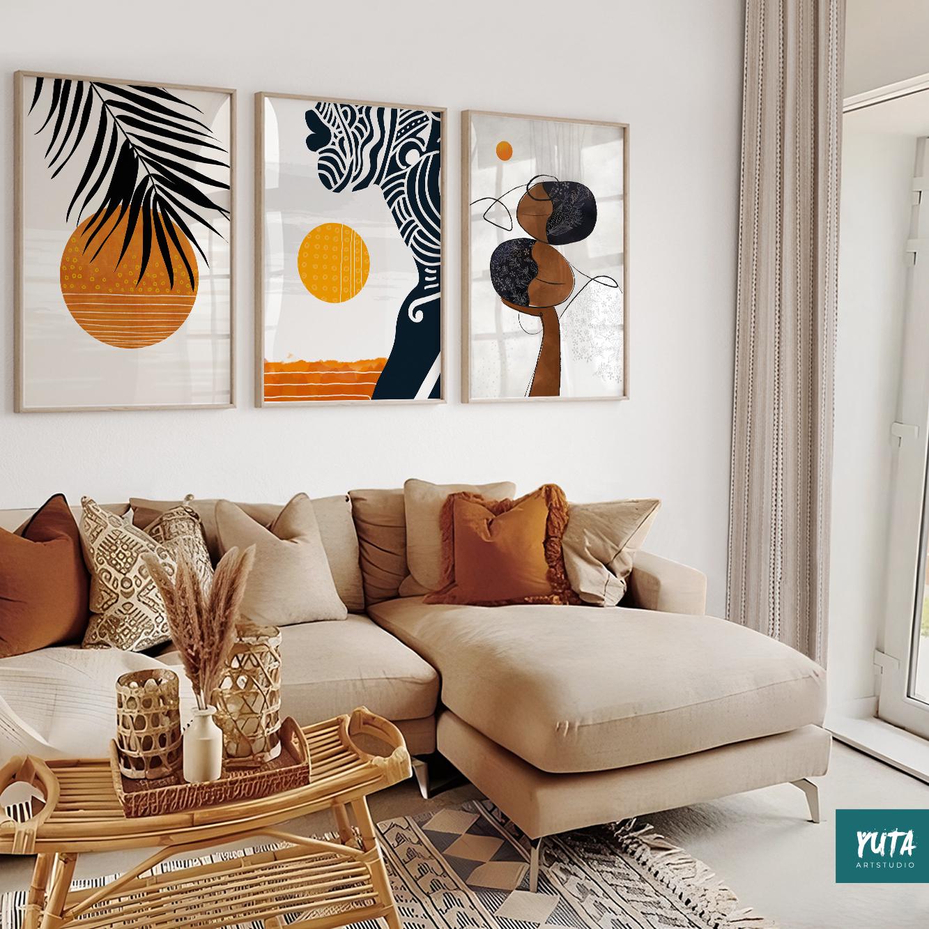 Set of 3 colorful African American prints – modern abstract art for ethnic or boho wall styling.