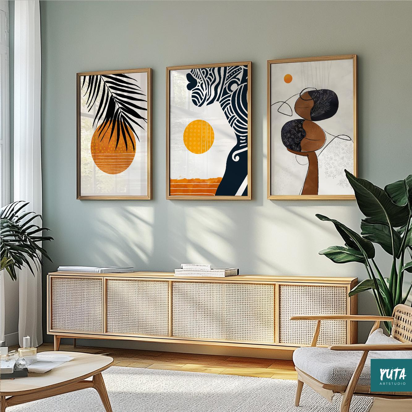 Minimalist ethnic decor – abstract colorful wall art set of Black women in contemporary style.