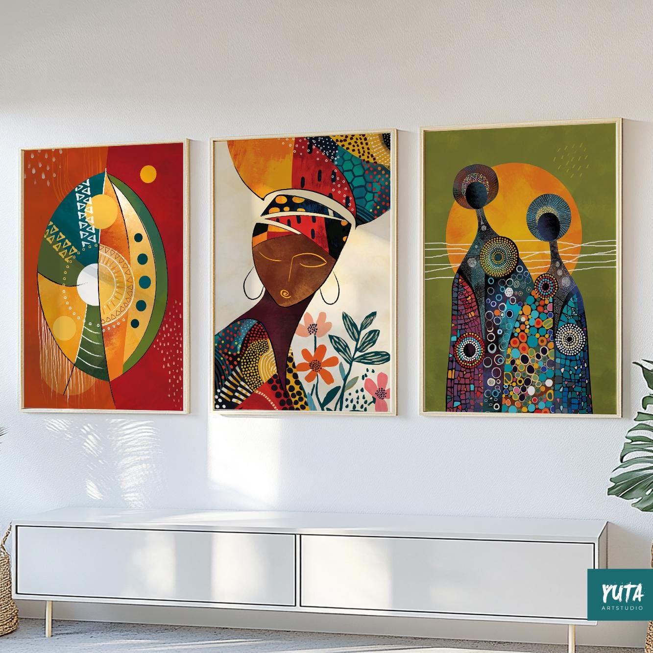 Colorful abstract African wall art set – modern Black woman portraits for ethnic minimalist room decor.