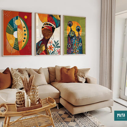 3-piece African American abstract print set – Black woman art for modern ethnic or cultural spaces.