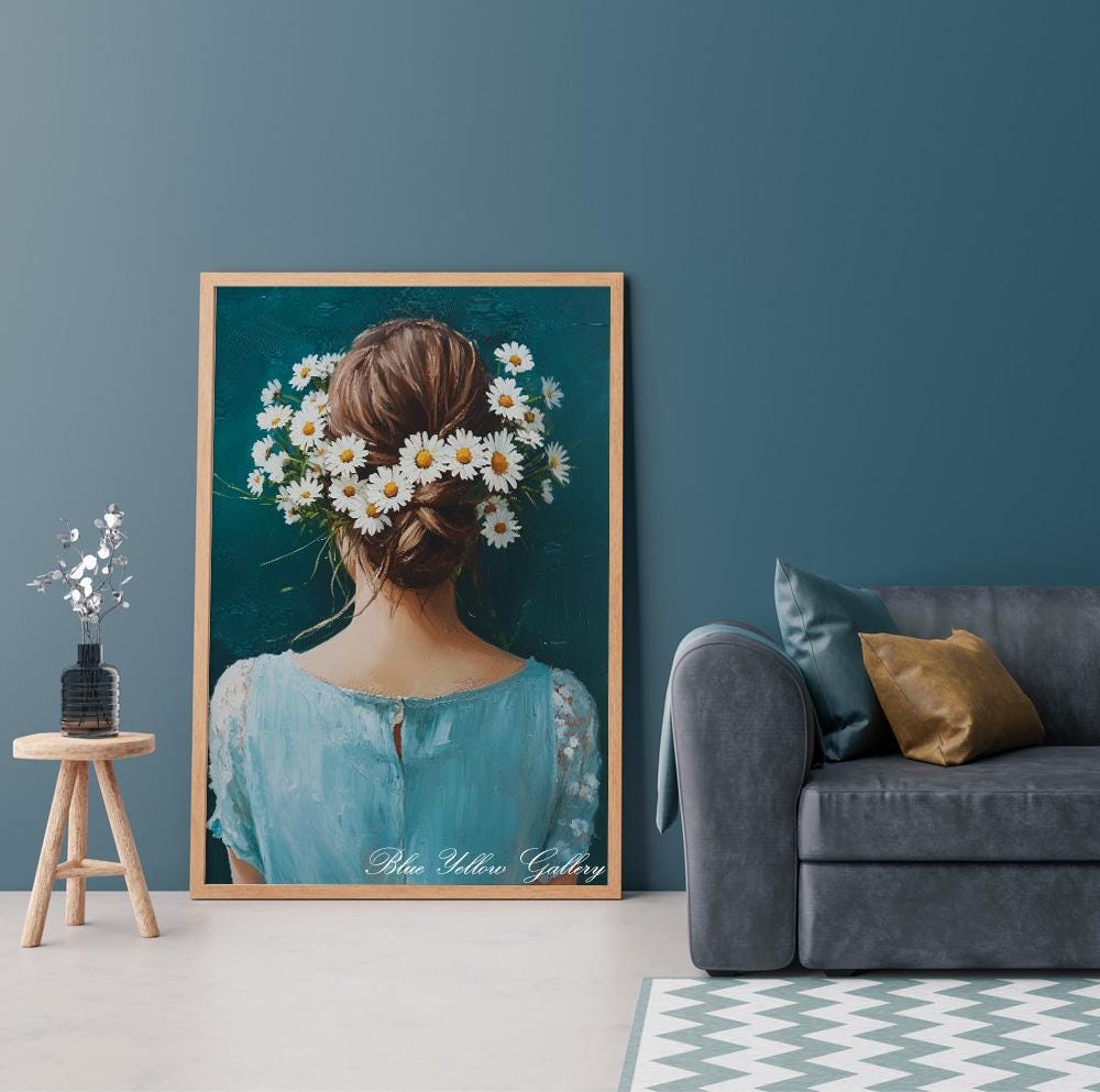 Vintage Woman With Daisies Print, Navy Blue Floral Female Portrait, Abstract People Figurative Art, Girl RoomDecor, Floral Eclectic Print