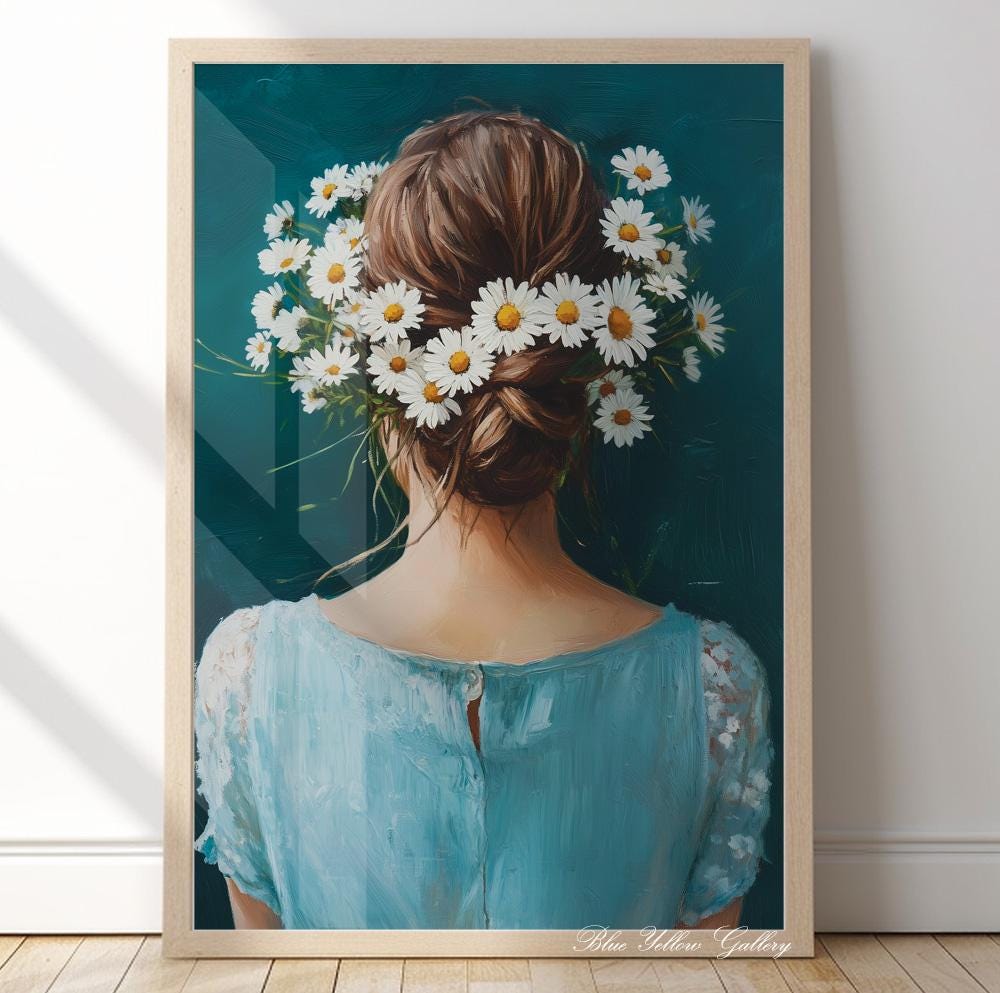 Vintage woman with daisy bouquet – navy blue abstract female portrait print for floral eclectic decor.