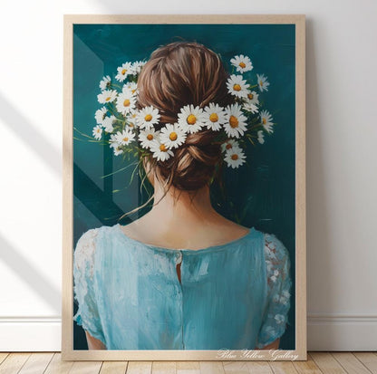 Vintage woman with daisy bouquet – navy blue abstract female portrait print for floral eclectic decor.