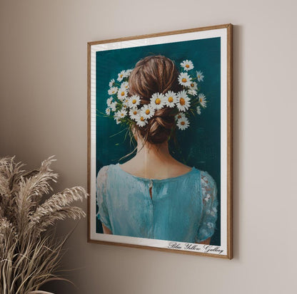 Abstract figurative art print – vintage woman with flowers in deep blue tones for eclectic wall styling.