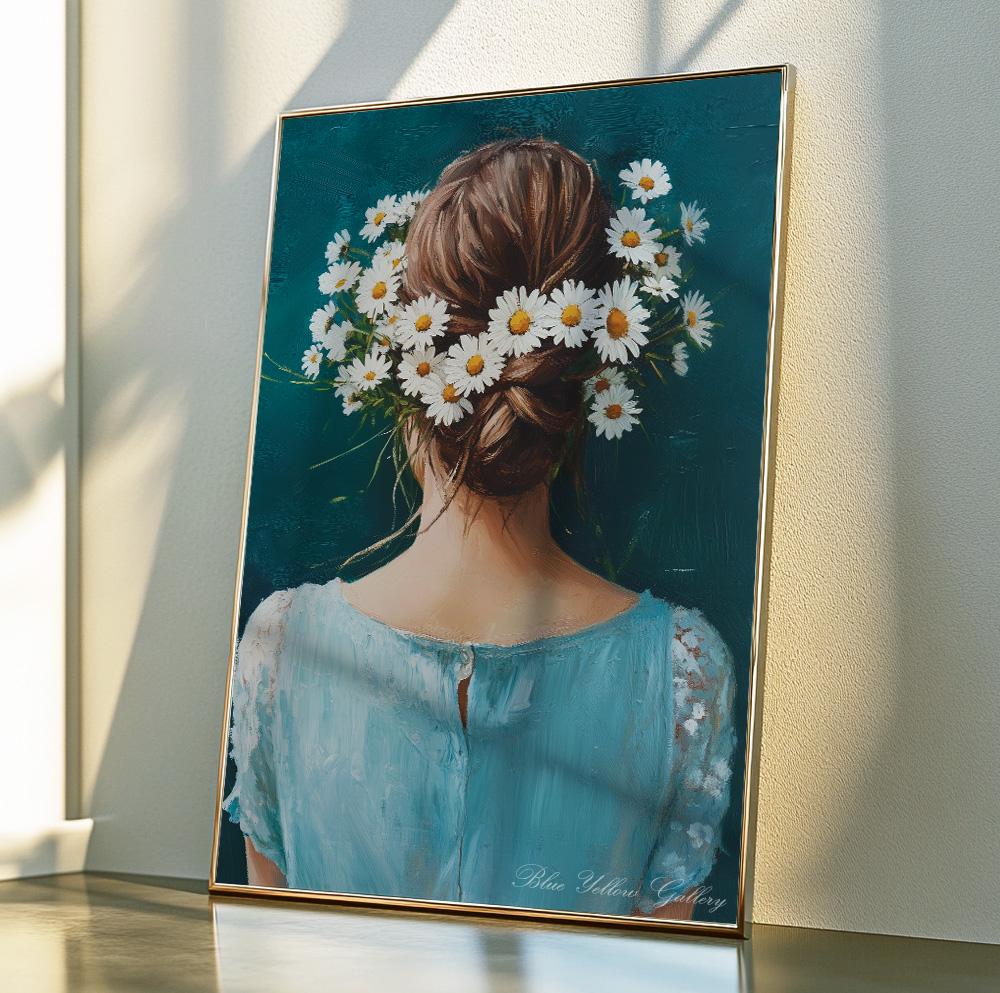 Woman with daisies wall art – navy abstract portrait print with floral, vintage, and eclectic vibes