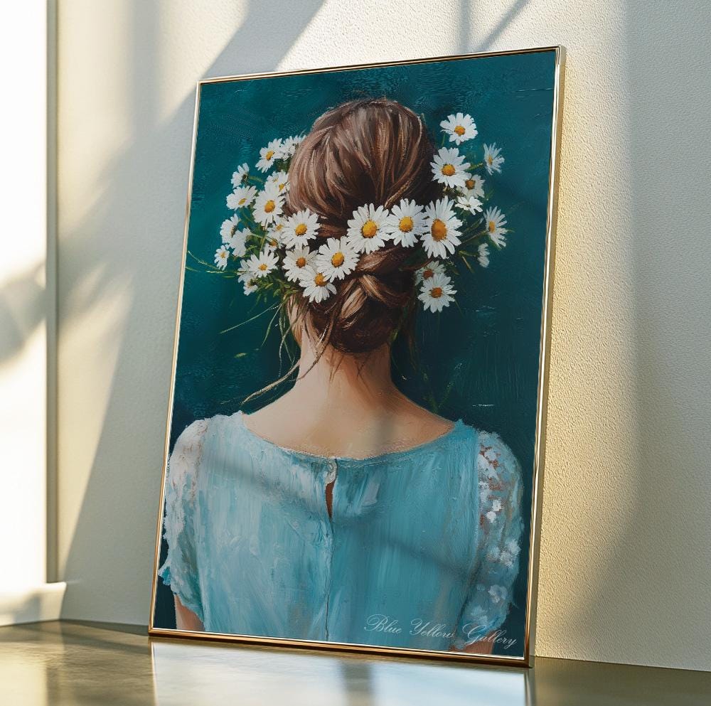 Woman with daisies wall art – navy abstract portrait print with floral, vintage, and eclectic vibes