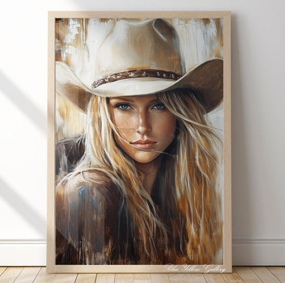 Modern abstract cowgirl wall art – neutral Western female portrait for rustic or minimalist interiors.
