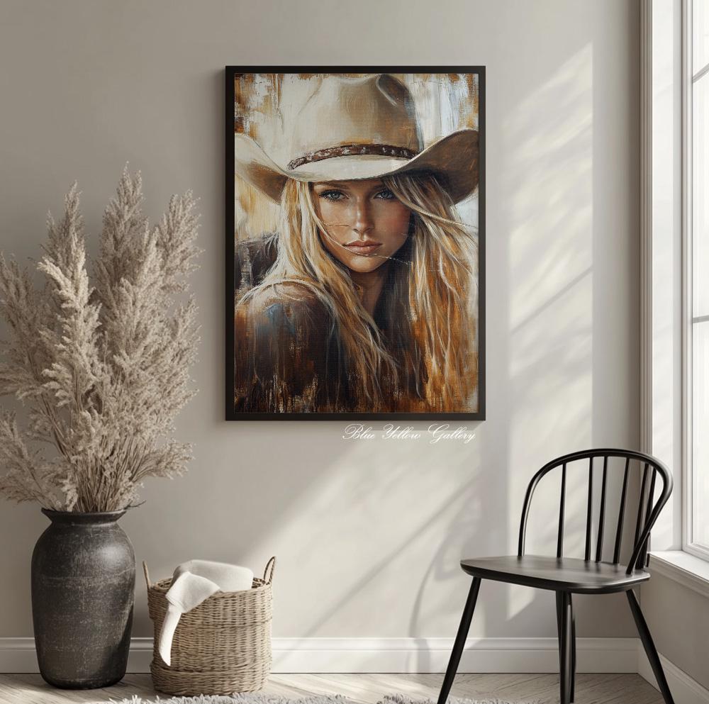 Abstract female cowgirl wall print – Wild West-inspired modern art in neutral color palette.