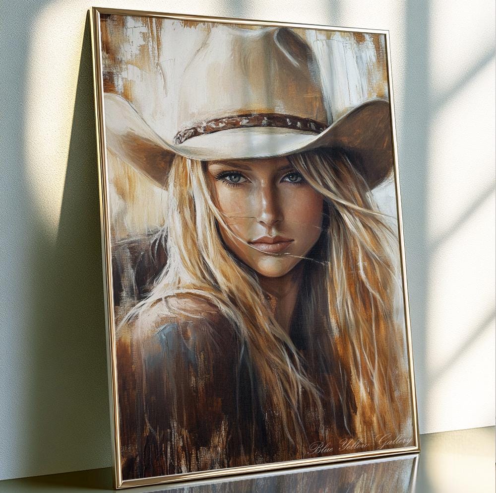 Modern Western woman wall art – cowgirl portrait in abstract style for rustic or Western decor.